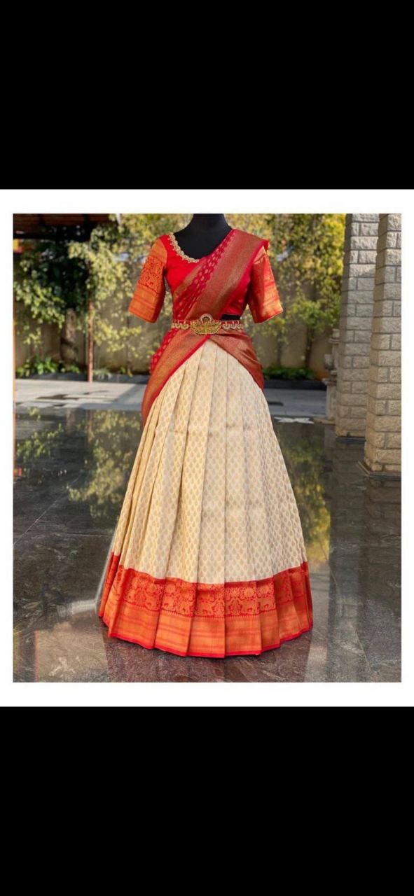 Red Pure Kanjivaram Silk Half Saree Lehenga With Blouse