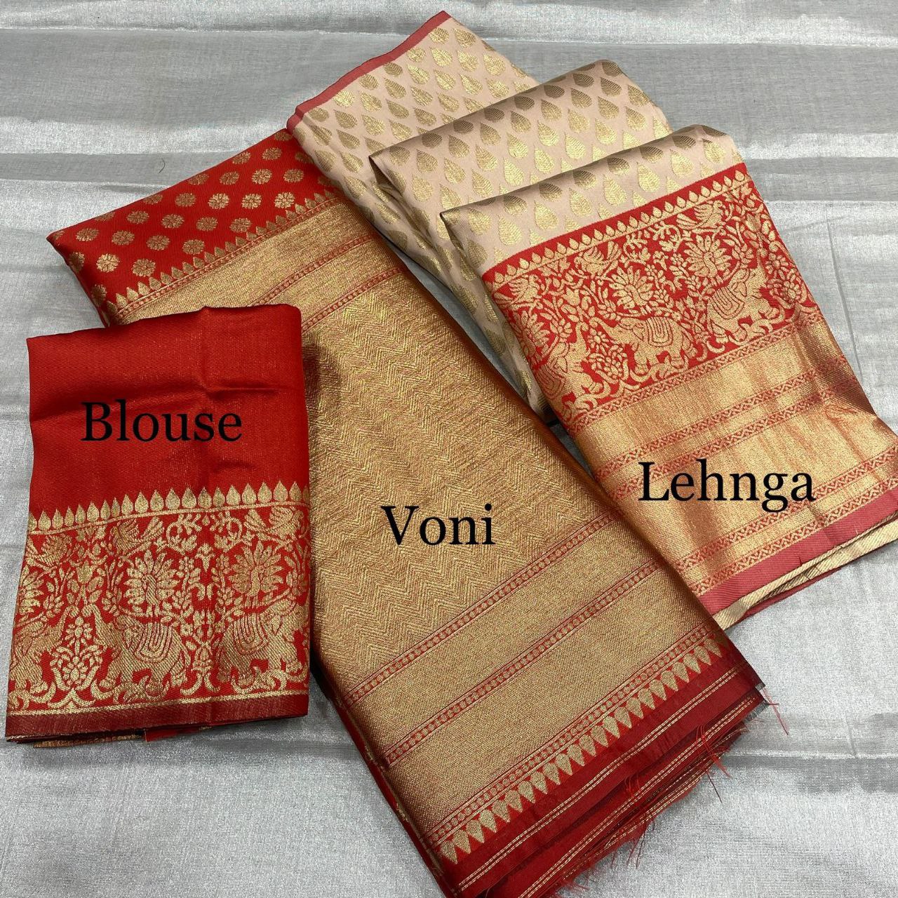 Red Pure Kanjivaram Silk Half Saree Lehenga With Blouse