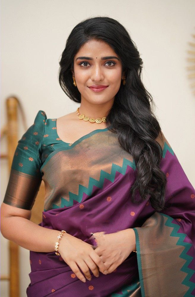 Purple Green Color Wedding wear Printed Silk Saree