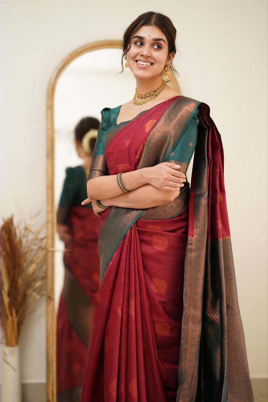 Function wear Red And Green Banarasi Silk Saree For Women