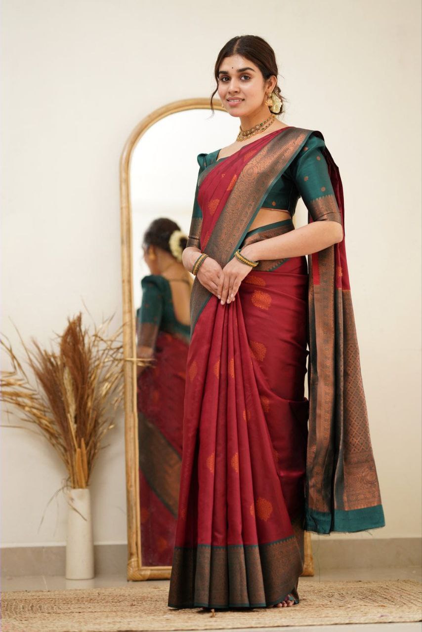Function wear Red And Green Banarasi Silk Saree For Women