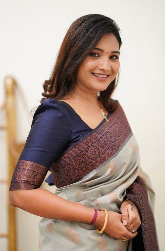 New White Blue Pure Silk Banarasi Saree with Blouse