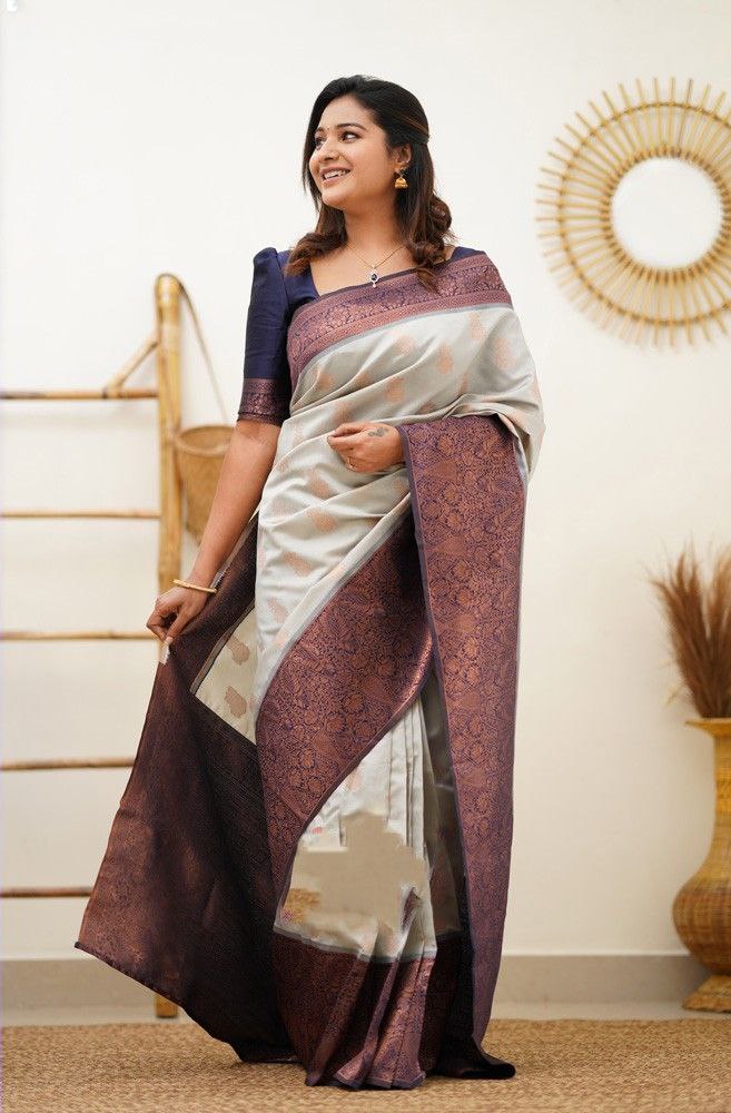 New White Blue Pure Silk Banarasi Saree with Blouse