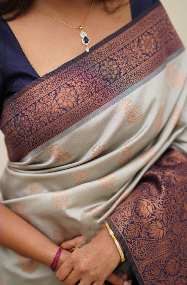 New White Blue Pure Silk Banarasi Saree with Blouse