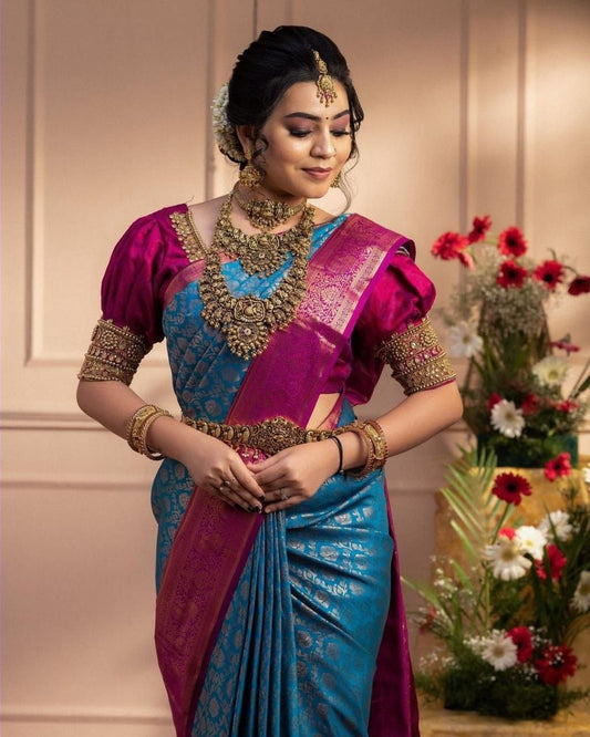 Blue Pink Firozi Soft Banarasi Silk Saree With Blouse