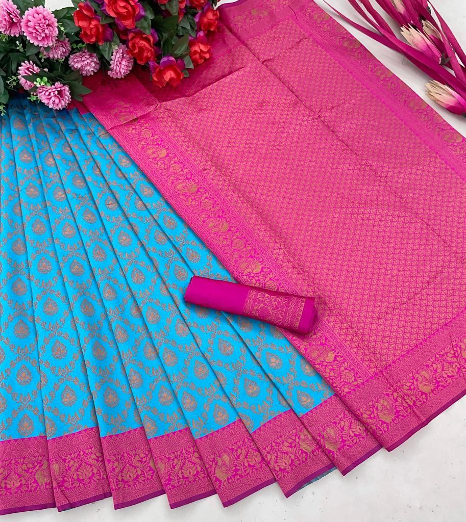 Blue Pink Firozi Soft Banarasi Silk Saree With Blouse