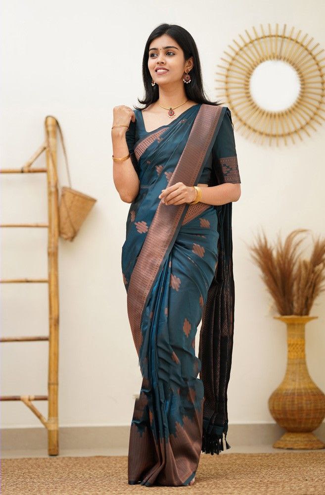 Awesome Teal Blue Color soft silk Saree For Women