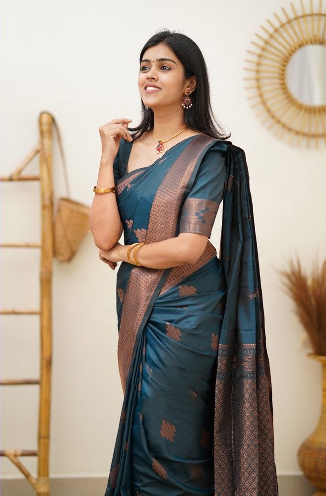 Awesome Teal Blue Color soft silk Saree For Women