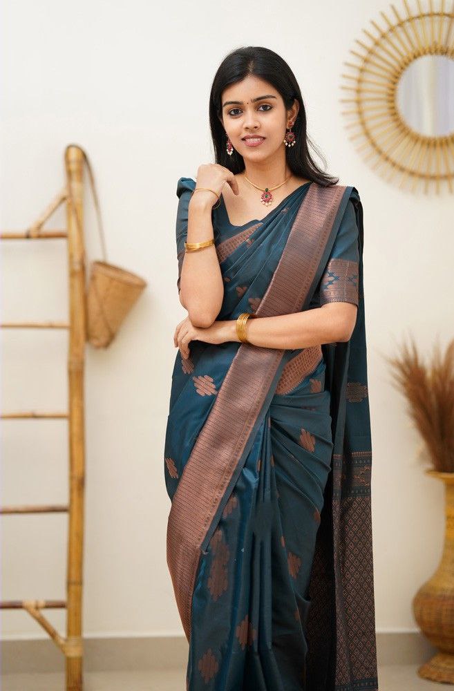 Awesome Teal Blue Color soft silk Saree For Women