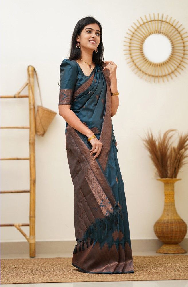 Awesome Teal Blue Color soft silk Saree For Women