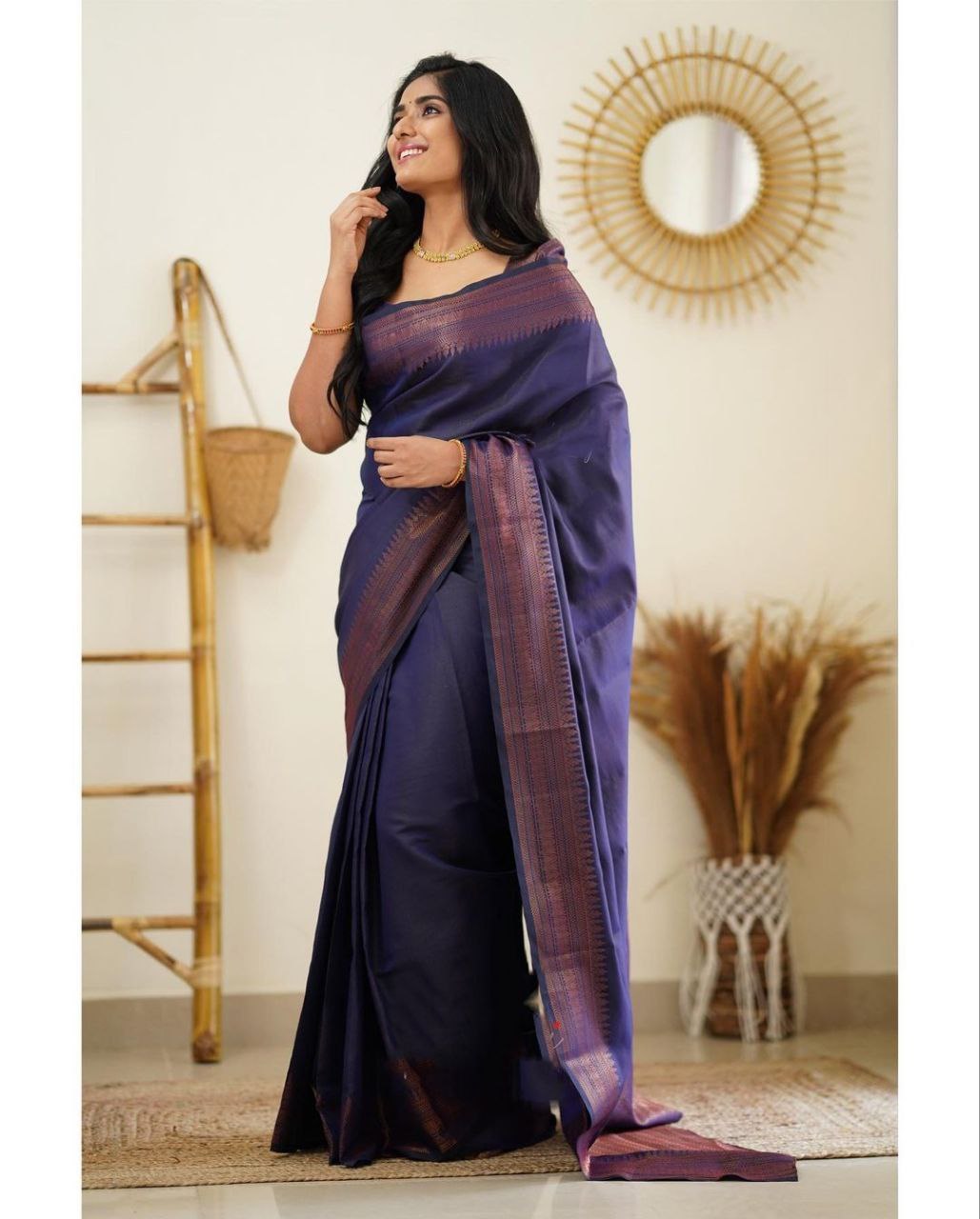 Partywear Banarasi Pure Silk NavyBlue Saree With Blouse
