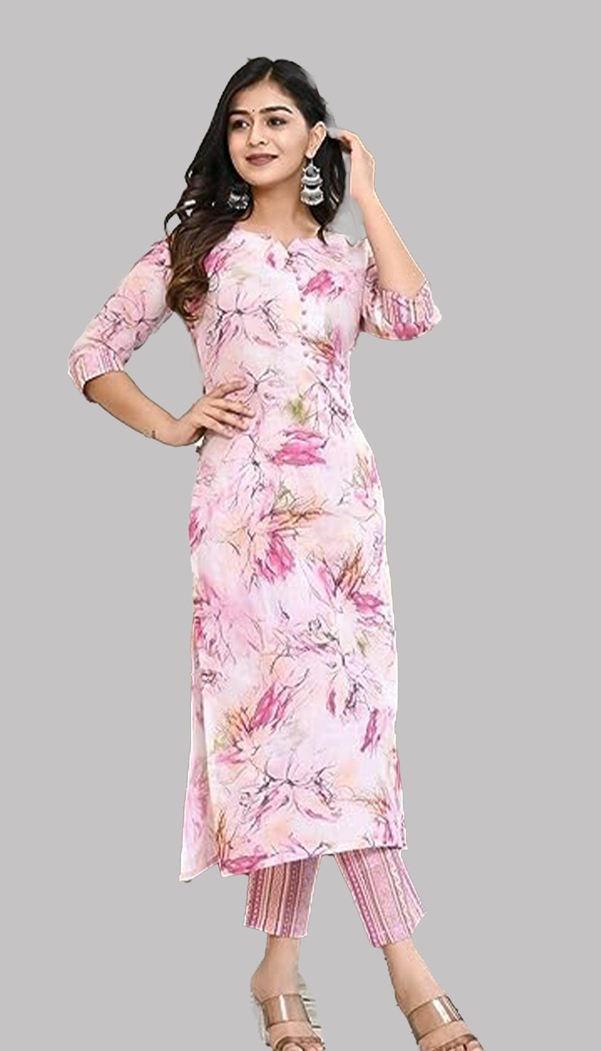 Light Pink Floral Print Cotton Premium Kurta