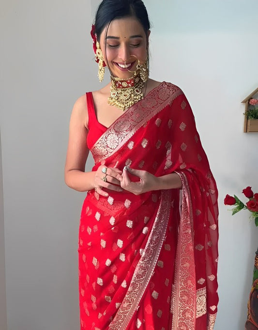Ready to wear Red Premium Cotton Saree With Blouse