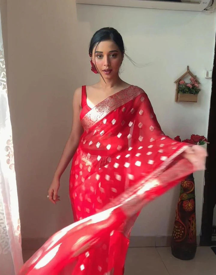 Ready to wear Red Premium Cotton Saree With Blouse