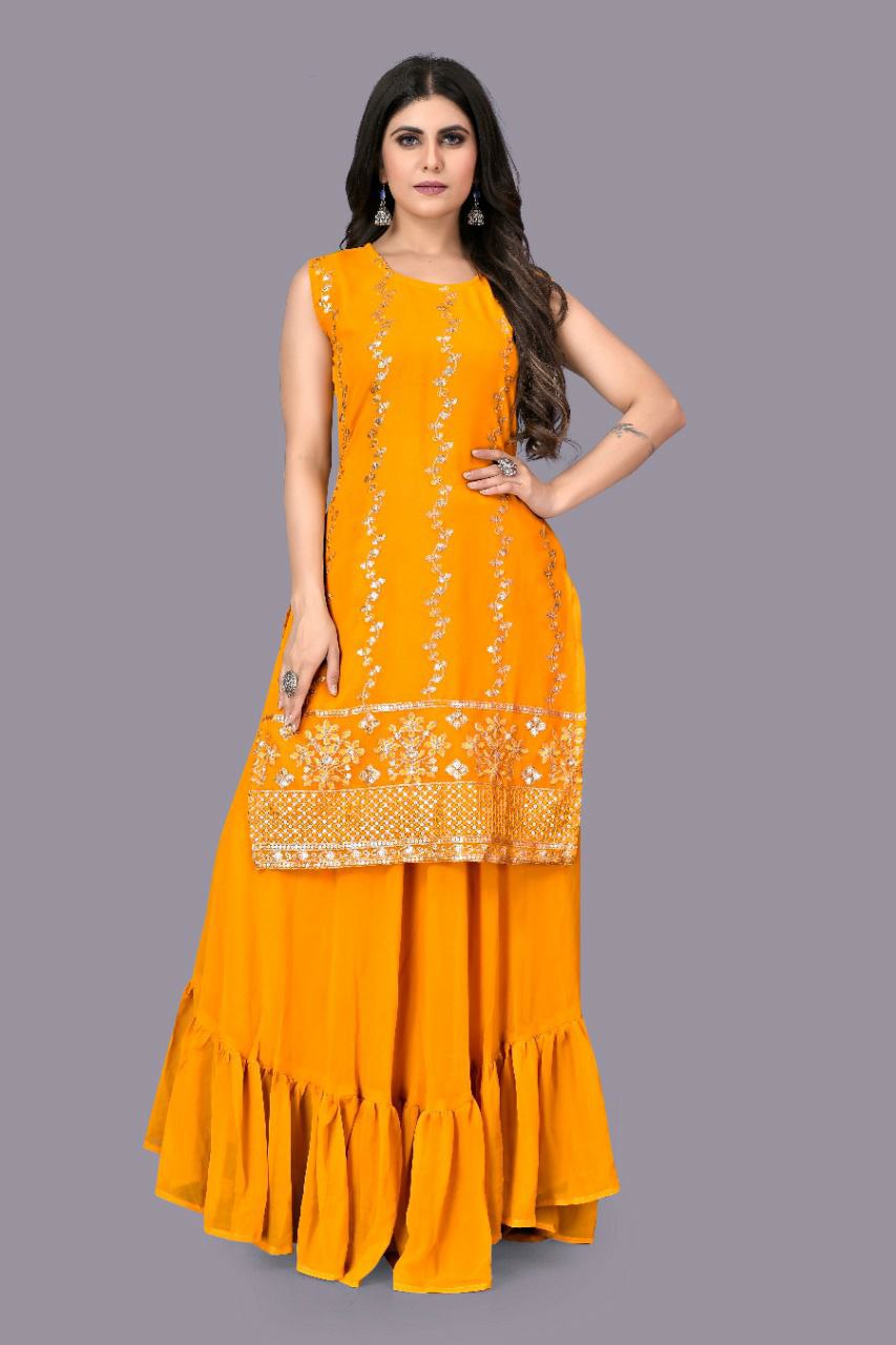 Yellow Designer Georgette Lehenga Kurta For Women