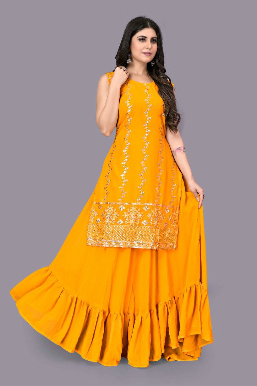 Yellow Designer Georgette Lehenga Kurta For Women