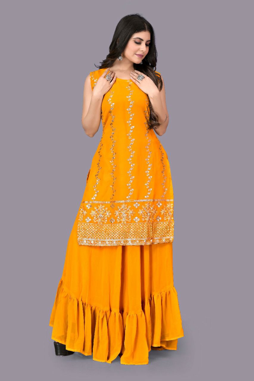 Yellow Designer Georgette Lehenga Kurta For Women