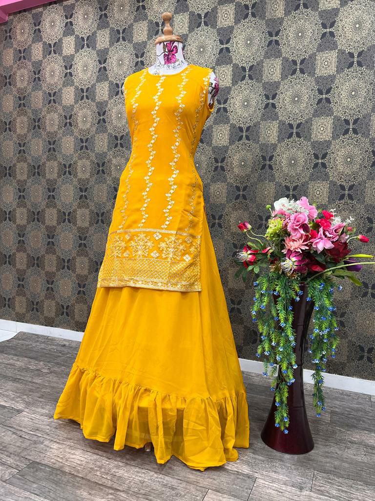 Yellow Designer Georgette Lehenga Kurta For Women