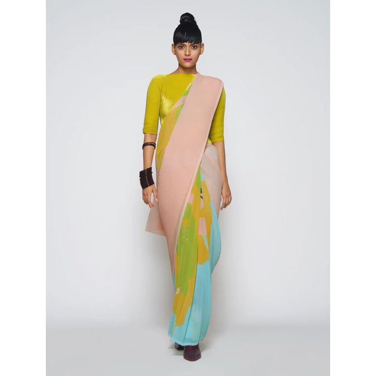 Pure Georgette Yellow and Green Saree for women with Unstitched Blouse