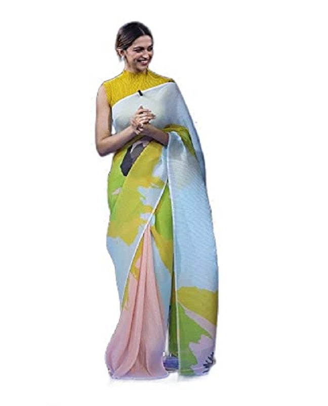 Pure Georgette Yellow and Green Saree for women with Unstitched Blouse