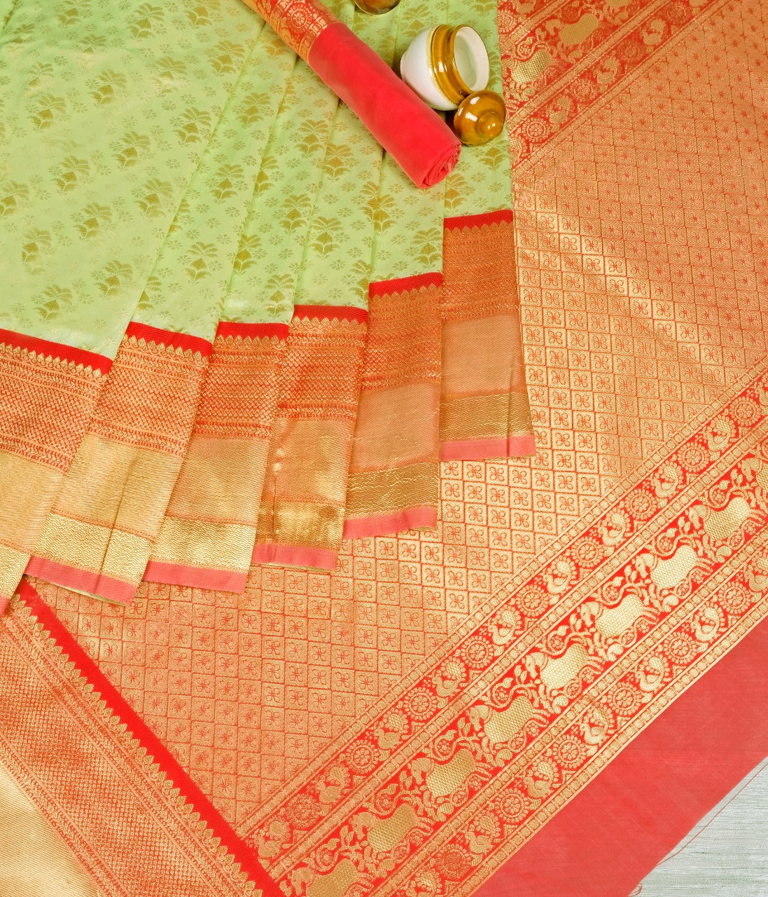 LIght Green and Red Kanjeevaram Saree with For Women