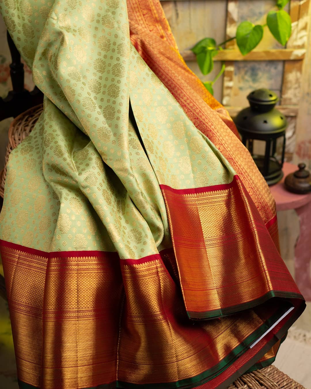 LIght Green and Red Kanjeevaram Saree with For Women