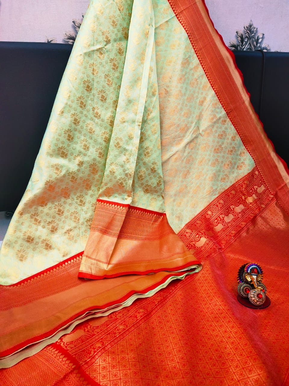 LIght Green and Red Kanjeevaram Saree with For Women