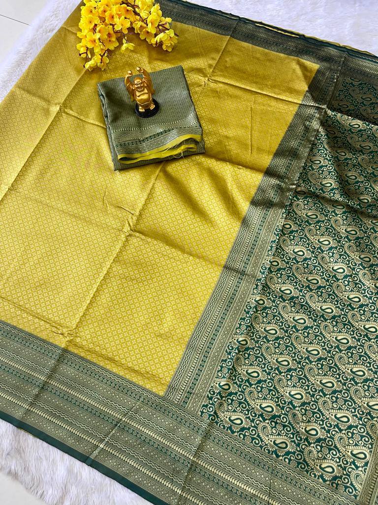 new pure silk yello saree with heavy border work