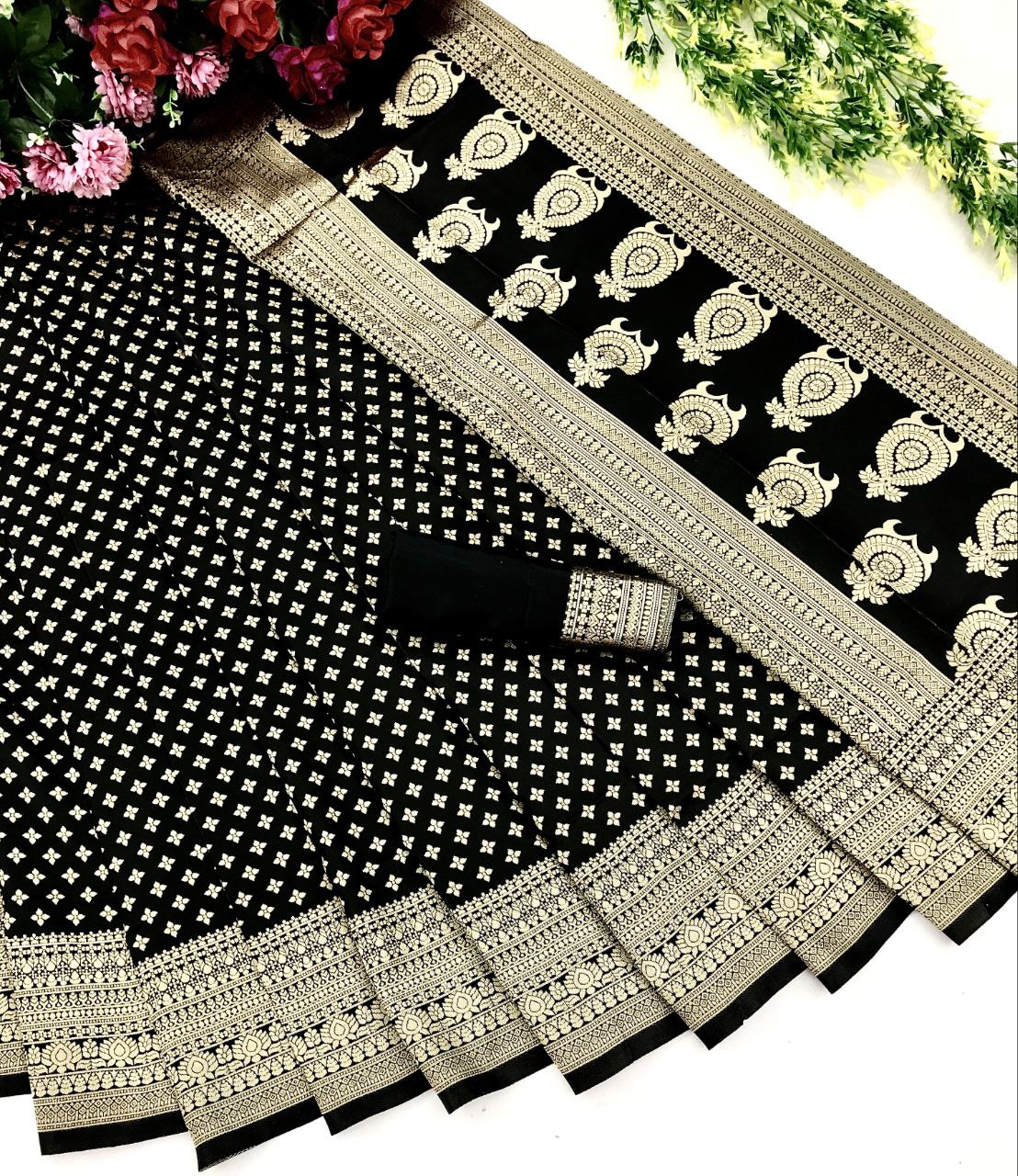 Black Polka Dot Kanjivaram Silk Saree with Copper Zari Border