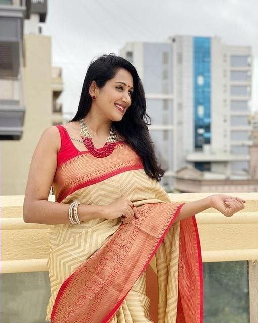 Chanderi Cream and Red Saree for women
