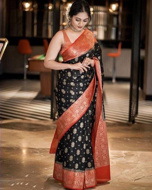 Black Kanjivaram  Saree With Red Soft Blouse  Floral Design party  || Rooprekha