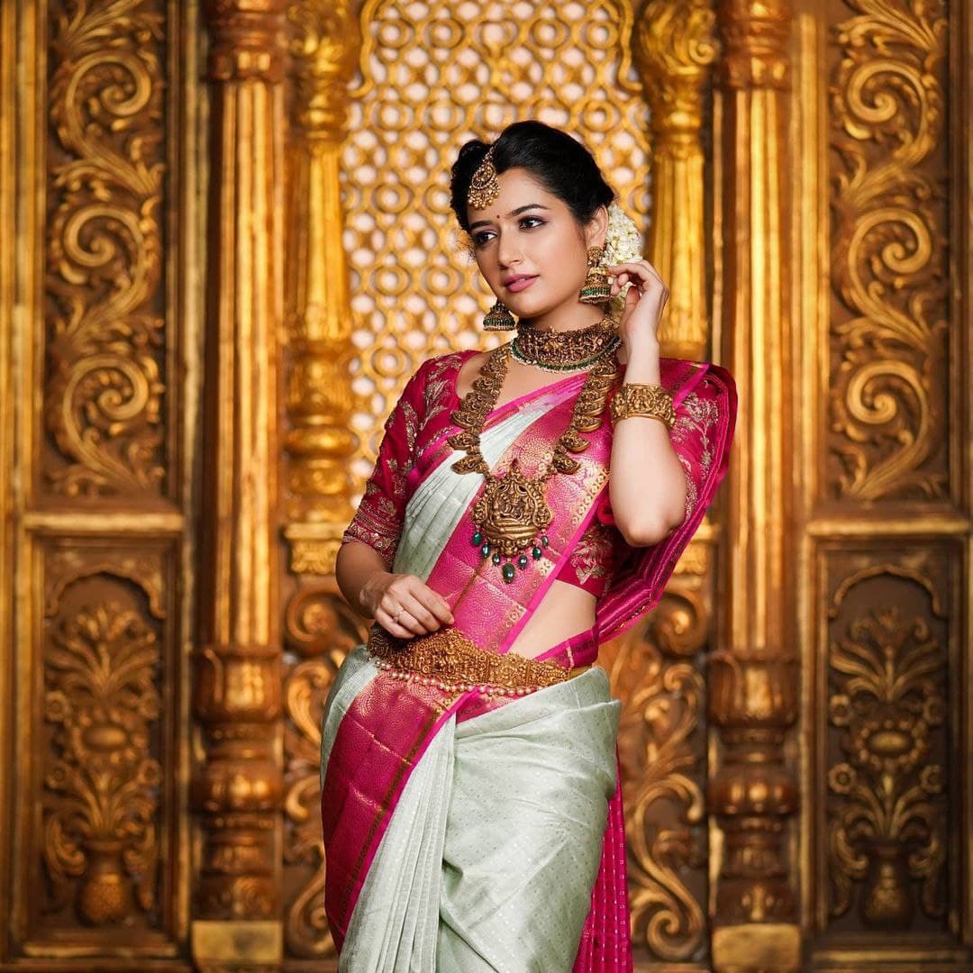 White Pink Litchi Silk Pure Kanchipuram Kanjeevaram saree