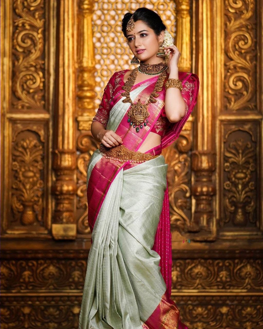 White Pink Litchi Silk Pure Kanchipuram Kanjeevaram saree