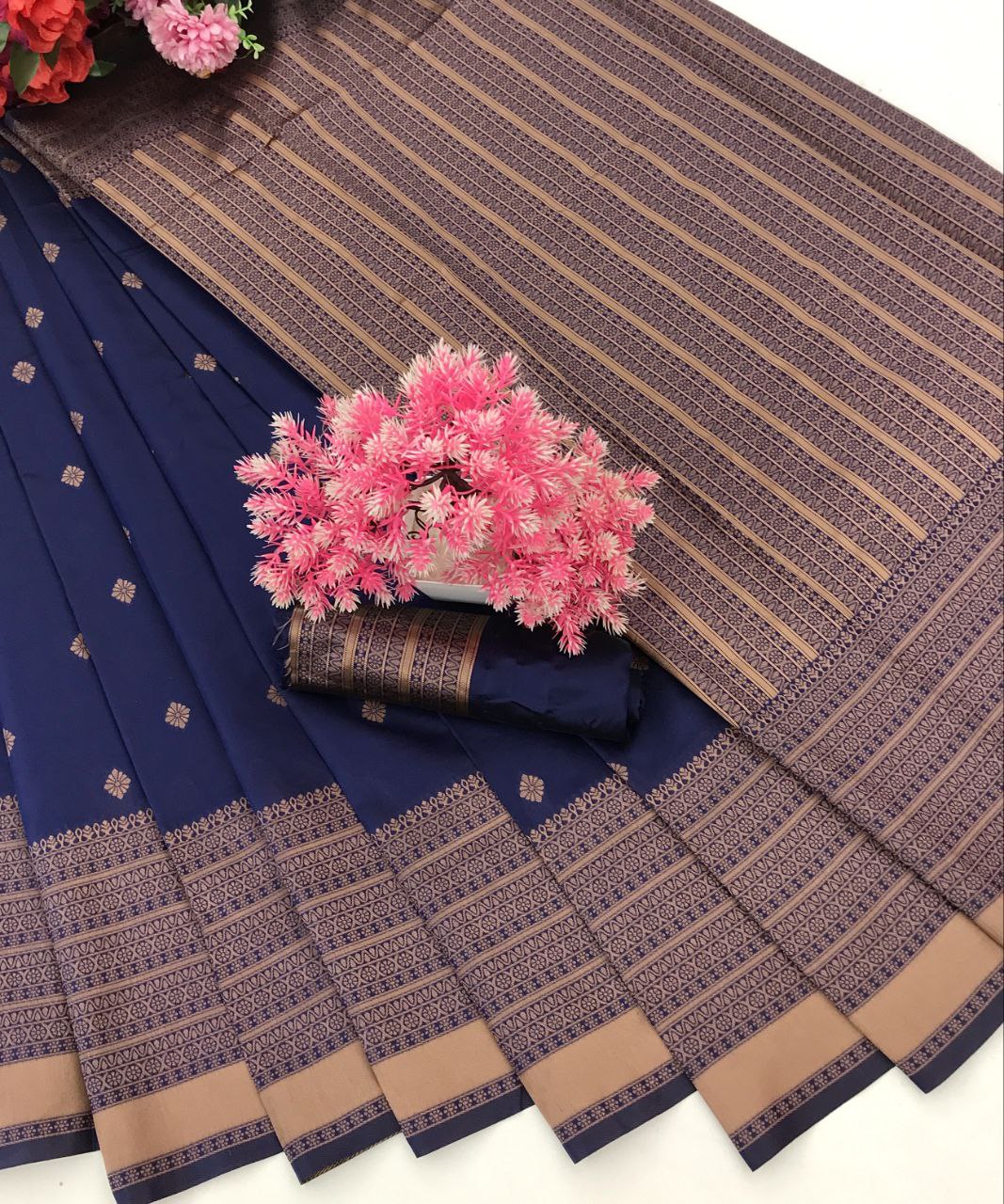 Pure Silk blue Kanjivarm saree with copper zari border for women