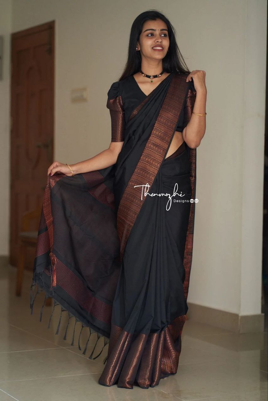 Pure Silk Kanjivarm Black saree With Copper Zari Border