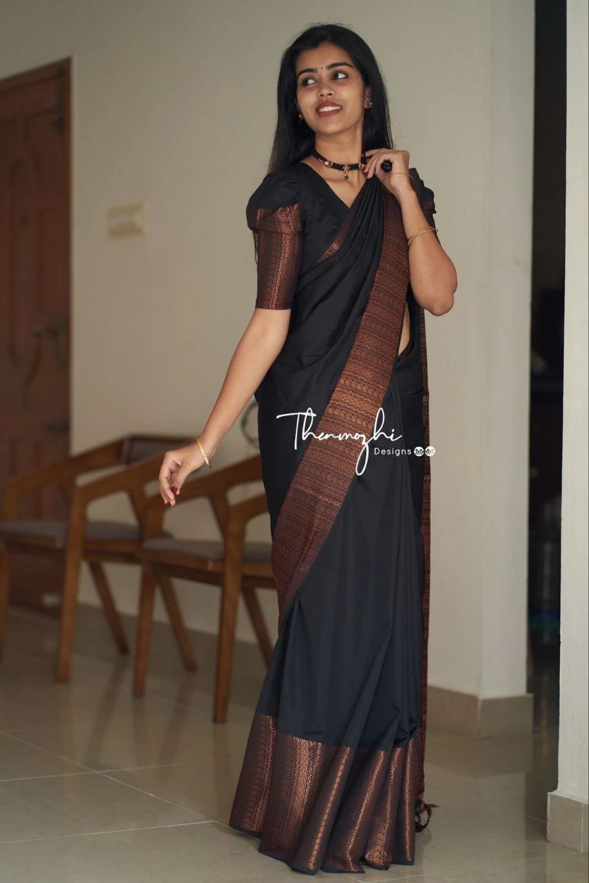 New Pure Silk Kanjivarm Black saree With Copper Zari Border