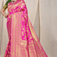 Pink Banarasi Silk Saree with Rich Golden Zari and Contrast Green Blouse