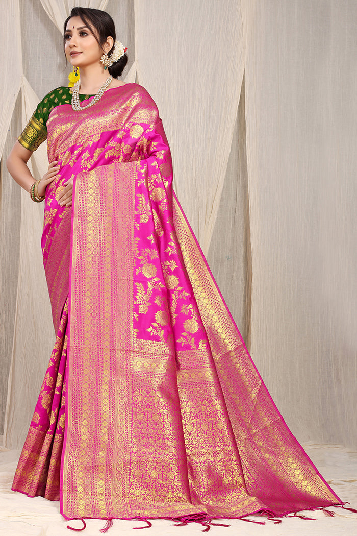 Pink Banarasi Silk Saree with Rich Golden Zari and Contrast Green Blouse