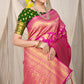 Pink Banarasi Silk Saree with Rich Golden Zari and Contrast Green Blouse