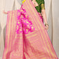 Pink Banarasi Silk Saree with Rich Golden Zari and Contrast Green Blouse
