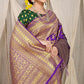 Royal Purple Banarasi Silk Saree with Golden Zari and Green Contrast Blouse