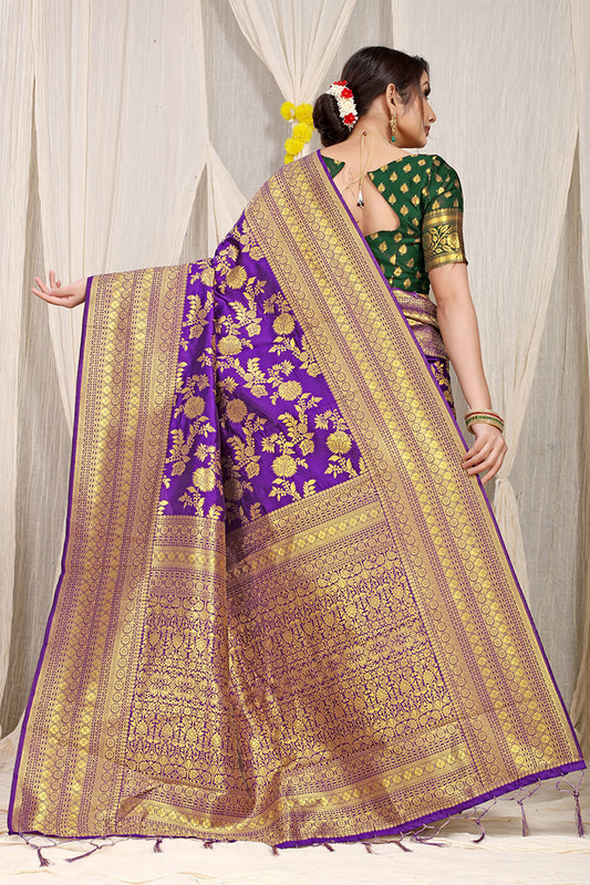 Royal Purple Banarasi Silk Saree with Golden Zari and Green Contrast Blouse