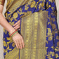 Royal Blue Banarasi Silk Saree with Golden Zari Work and Maroon Contrast Blouse