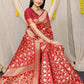 Red Banarasi Silk Saree with Gold Zari Elephant & Peacock Motifs