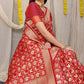 Red Banarasi Silk Saree with Gold Zari Elephant & Peacock Motifs