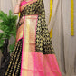 Black & Pink Kanjivaram Silk Saree with Gold Zari Weaving With blouse piece