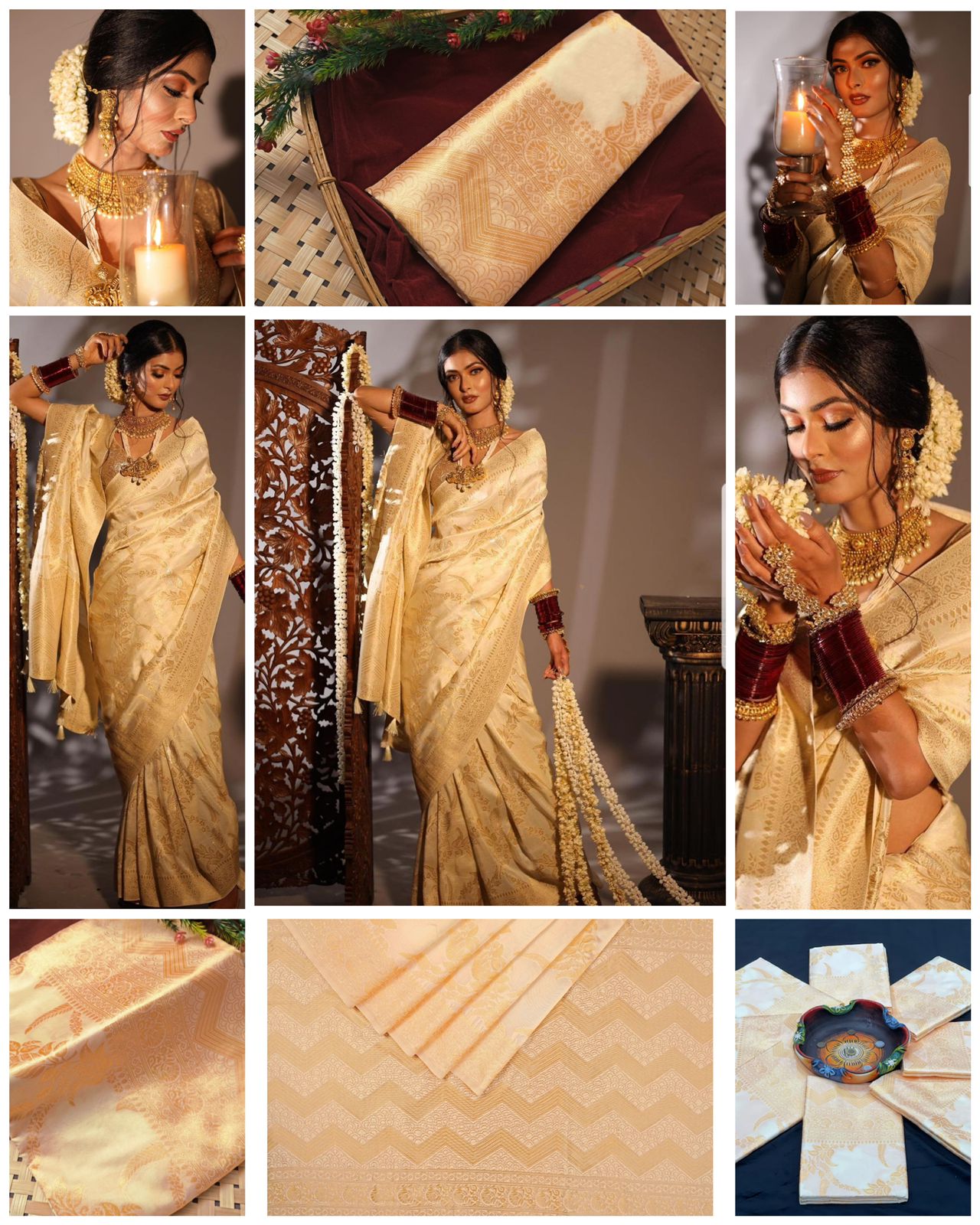 Cream Lichi Pure Silk Pallu Saree For Wedding