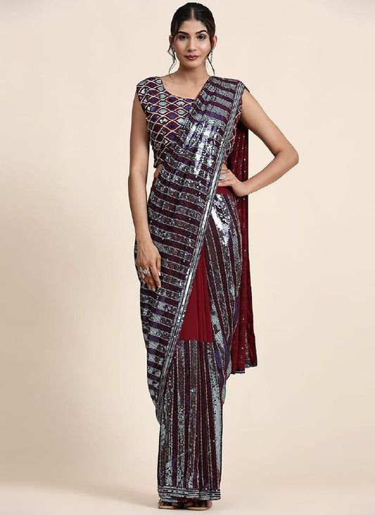 Silver Maroon Pure Georgette Sequins Party Style Saree For Women