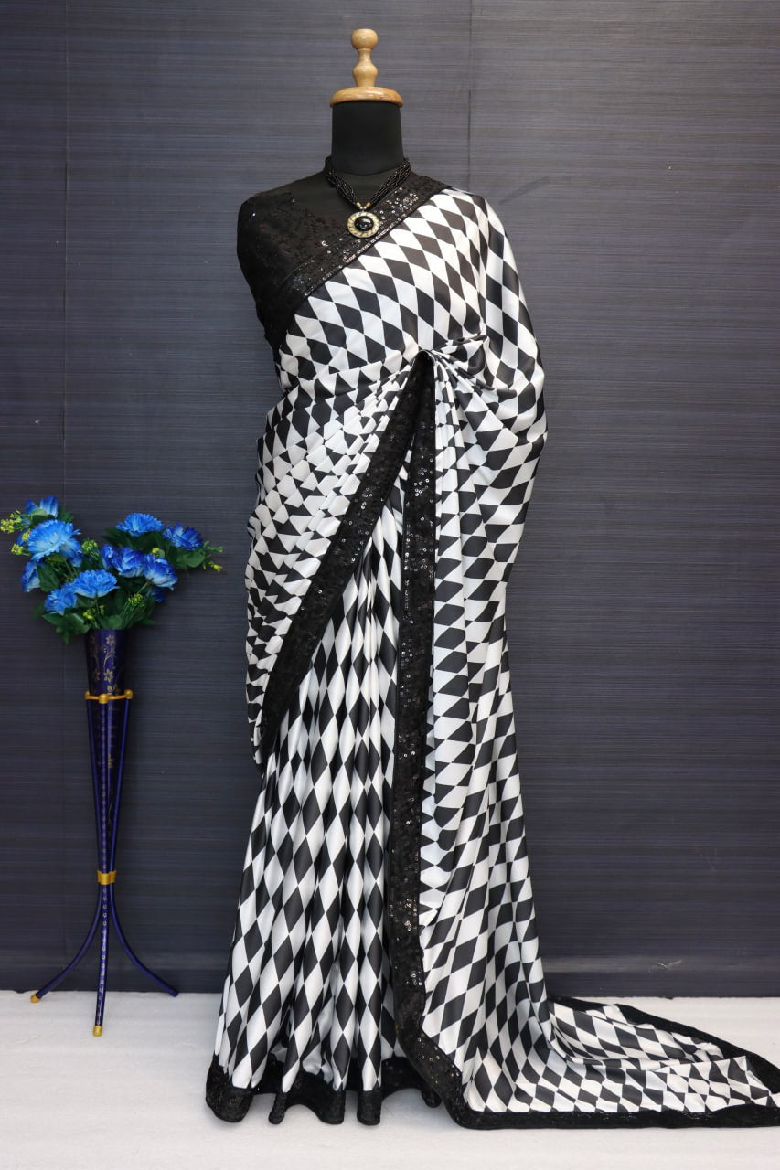 White And Black Colour Georgette Silk Sequence Saree