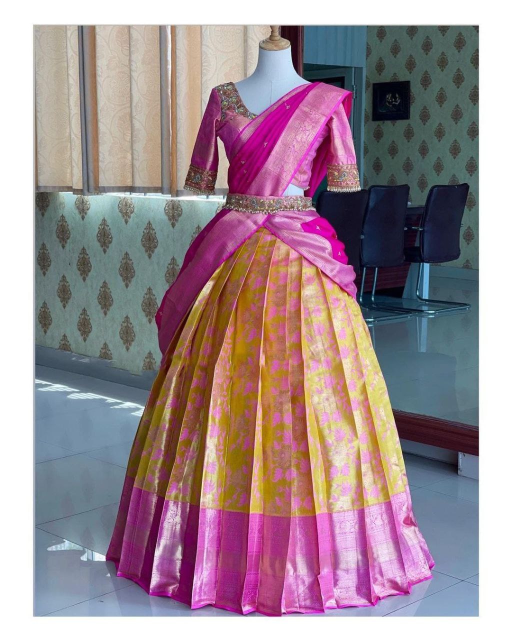 Pure Silk Yellow Pink Lehenga Choli And Blouse For Women